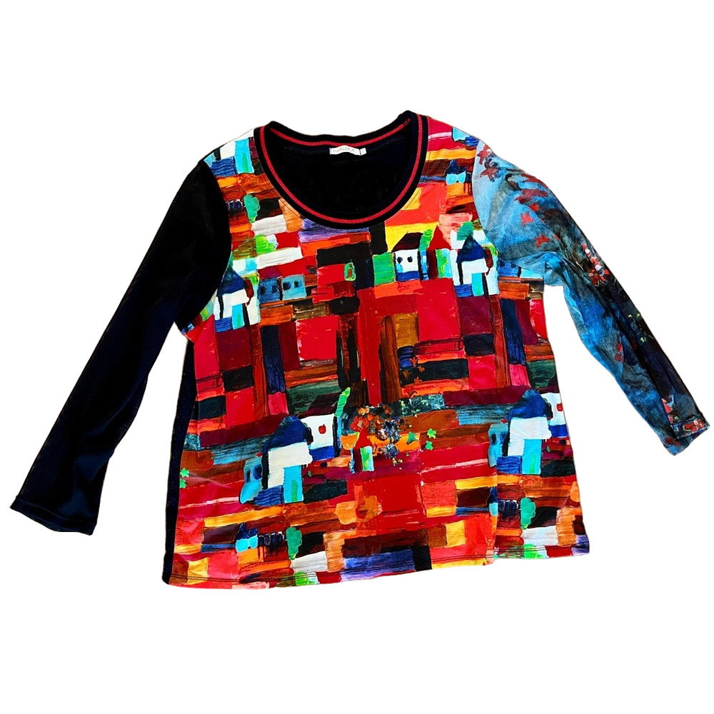 Maloka colorful bold pattern abstract art long sleeves mesh top shirt Size 7